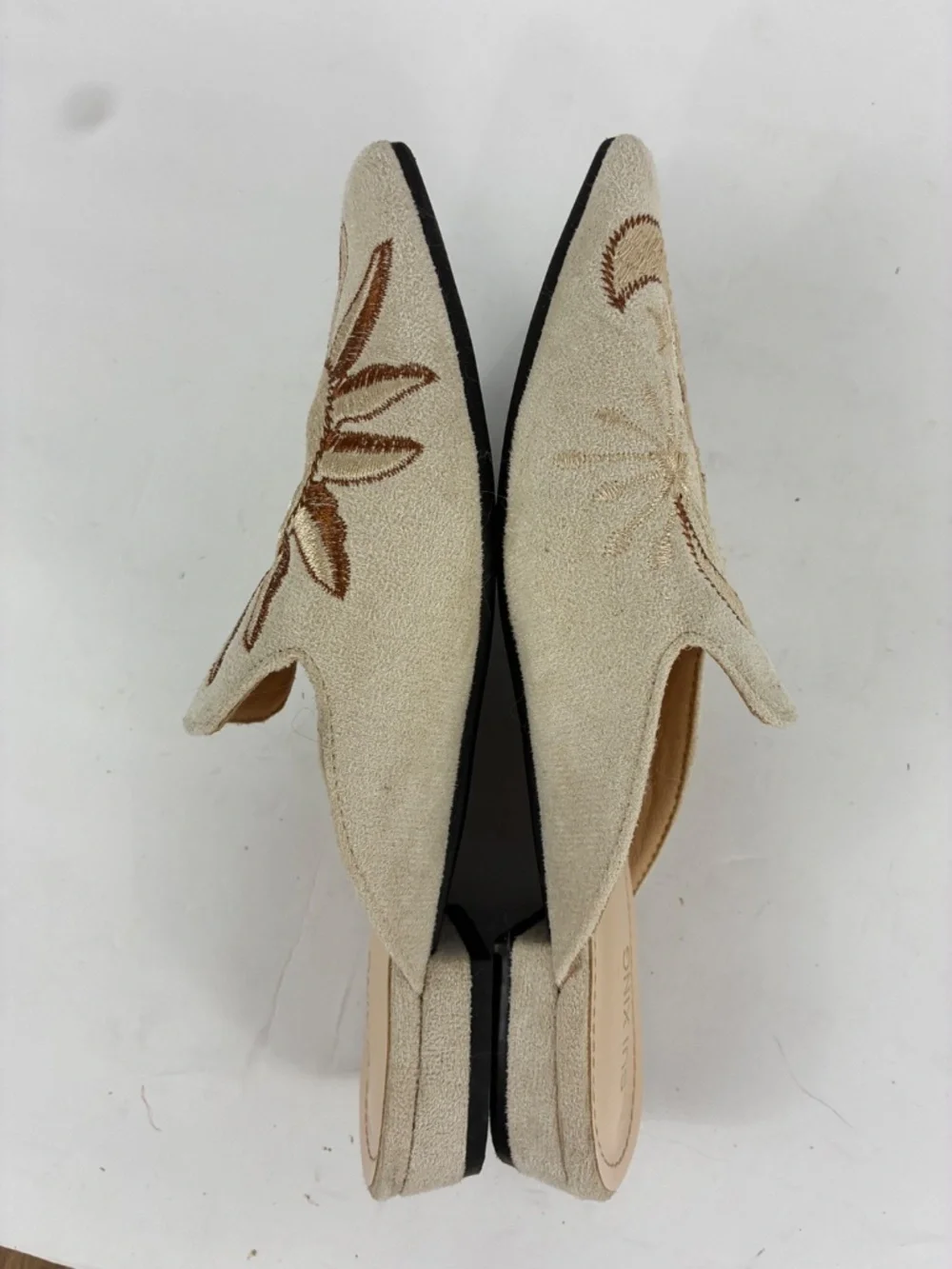 Sun Moon Embroidered Mules Suede Pointed Toe Slip On Flat Shoes Loafers Beige